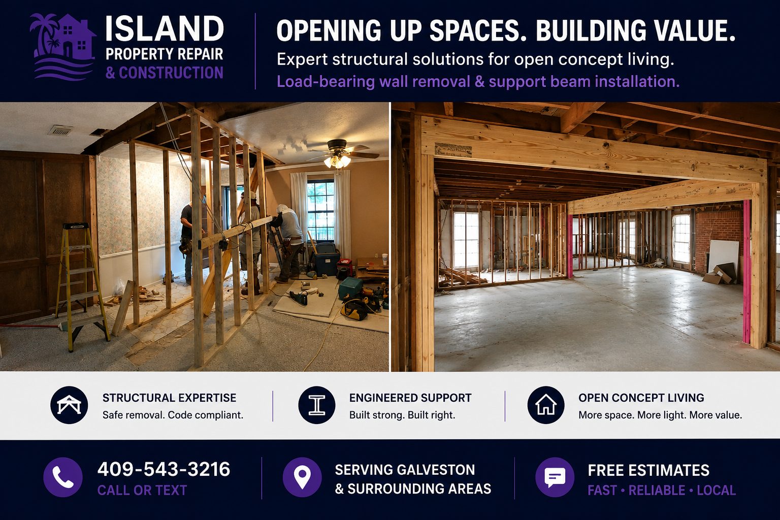 Structural Wall Modification project by Island Property Repair and Construction in Galveston